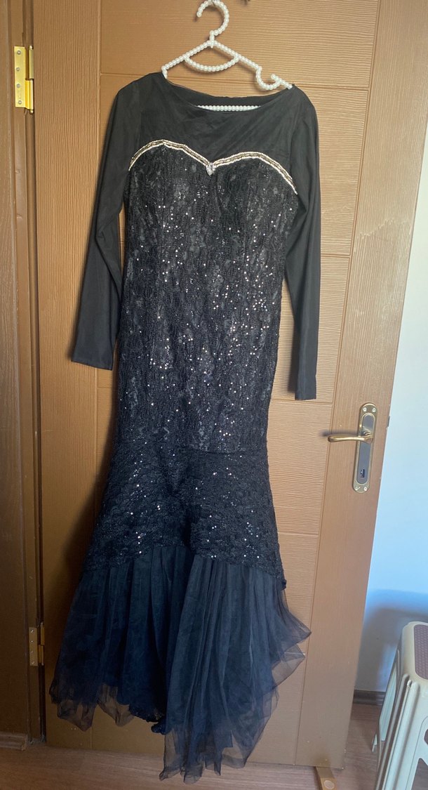 Uzun Siyah Gotik Straplez Abiye Elbise tesettür - Görsel 3