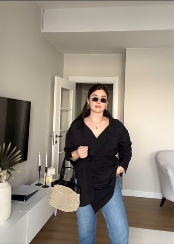 s Beden Siyah Kadın Midi gömlek kuşaklı