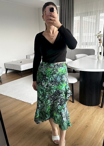 Kadın Yeşil Midi Bağlama Desenli Salaş Etek - Görsel 2