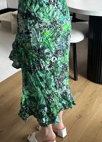 Kadın Yeşil Midi Bağlama Desenli Salaş Etek - Görsel 4