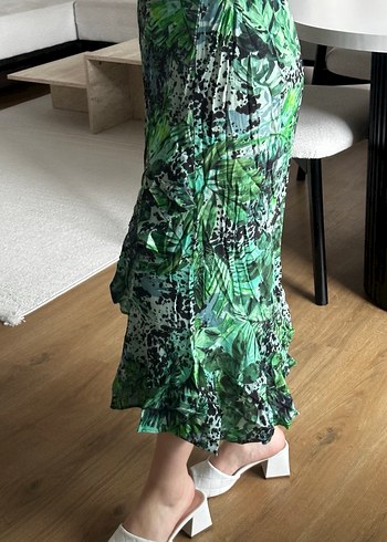 Kadın Yeşil Midi Bağlama Desenli Salaş Etek - Görsel 5