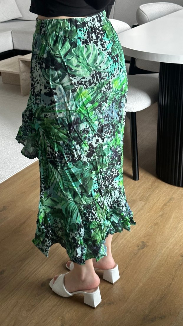 Kadın Yeşil Midi Bağlama Desenli Salaş Etek - Görsel 4