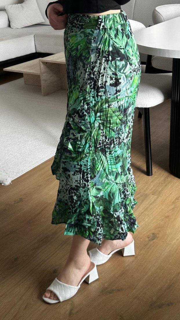 Kadın Yeşil Midi Bağlama Desenli Salaş Etek - Görsel 5