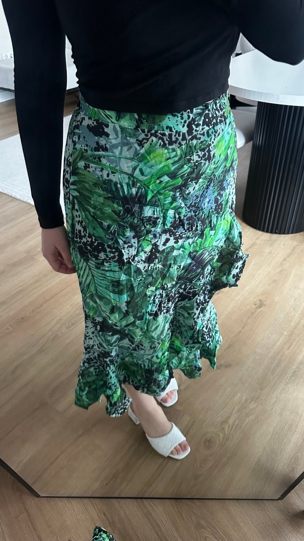 Kadın Yeşil Midi Bağlama Desenli Salaş Etek - Görsel 3