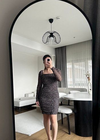 Leopar Desenli Uzun Kollu Mini Elbise - Görsel 4