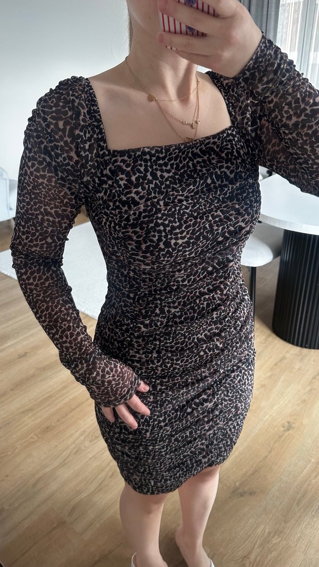 Leopar Desenli Uzun Kollu Mini Elbise - Görsel 2