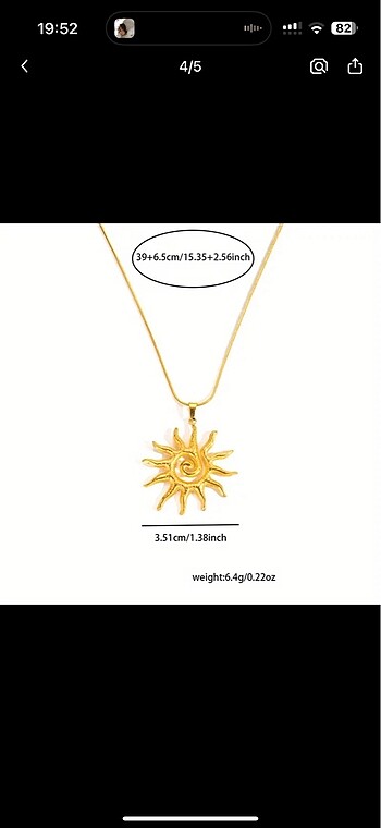 Beden altın Renk Gold güneş kolye
