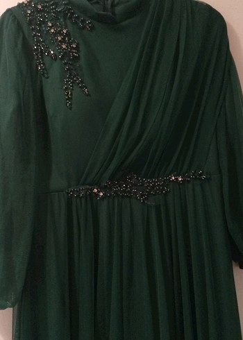 Yeşil İşlemeli Uzun Kollu Abiye Elbise - Görsel 7