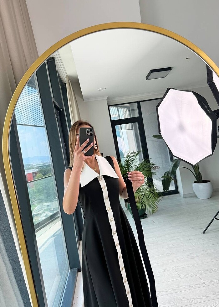 İnci taşlı yakalı elbise - Görsel 5