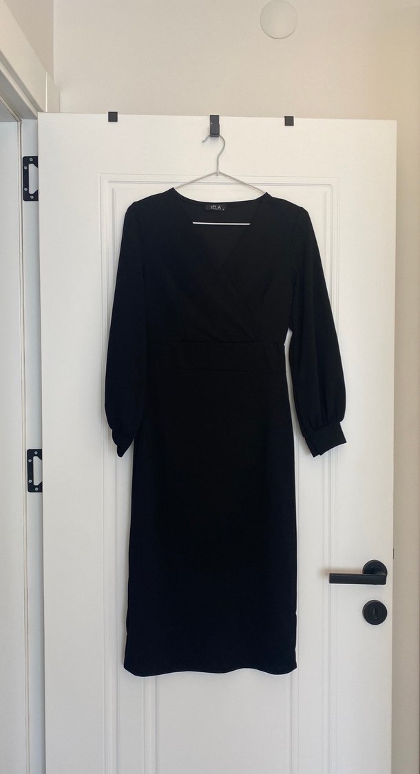 Uzun Kollu Siyah Midi V Yakalı Elbise - Görsel 2