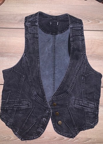 Koyu Gri Denim Düğmeli Kadın Yelek