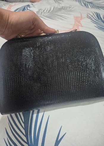 Siyah Deri Yılan Desenli Kadın Portföy Çanta zinciri yok - Görsel 2