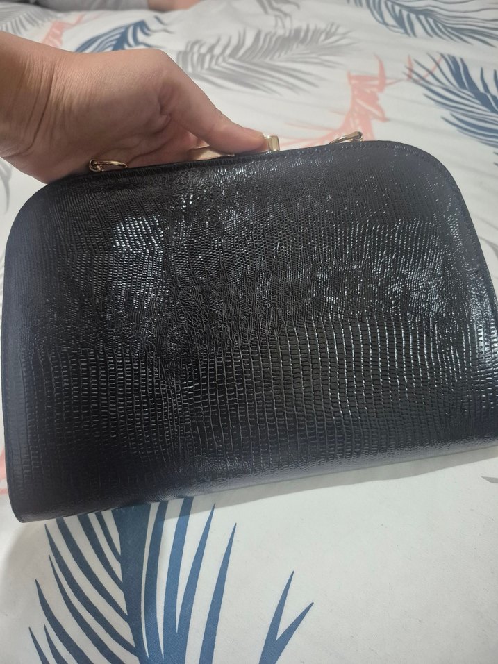 Siyah Deri Yılan Desenli Kadın Portföy Çanta zinciri yok - Görsel 2