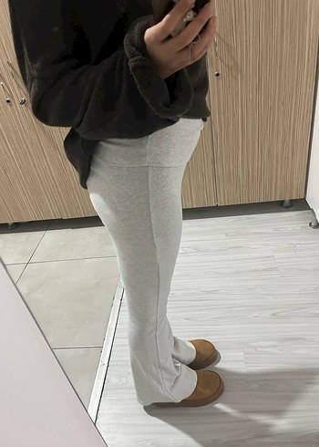 Gri Kadın Midi İspanyol Paça Pamuk Pantolon - Görsel 3