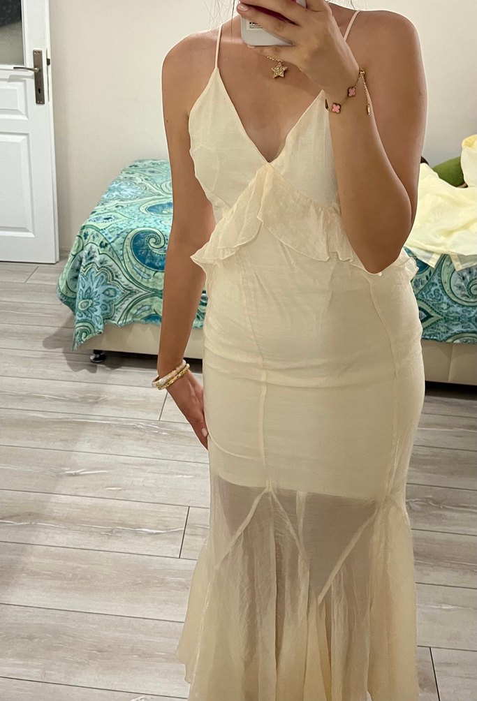 Beyaz Uzun V Yaka Transparan Elbise ekru renk - Görsel 2