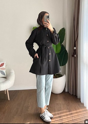 Kahverengi Süet Kemerli Mini Trençkot - Görsel 5