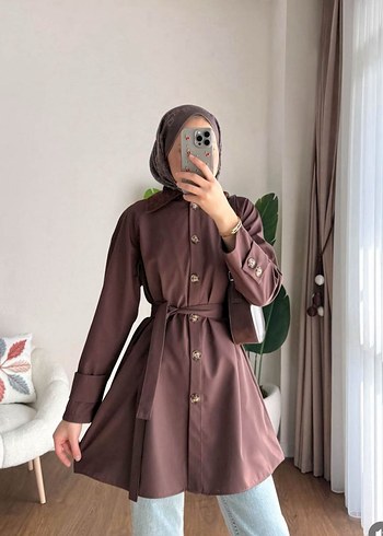 Kahverengi Süet Kemerli Mini Trençkot - Görsel 7