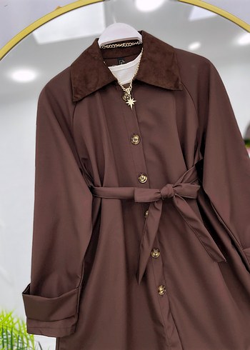 Kahverengi Süet Kemerli Mini Trençkot - Görsel 9