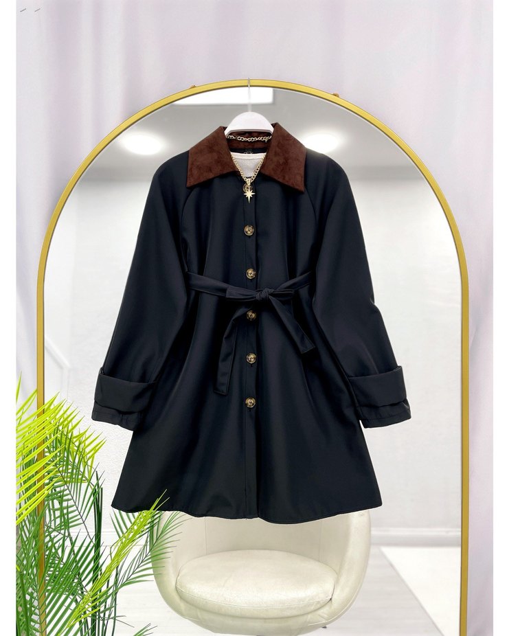 Kahverengi Süet Kemerli Mini Trençkot - Görsel 3