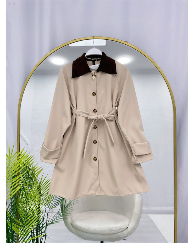 Kahverengi Süet Kemerli Mini Trençkot - Görsel 2