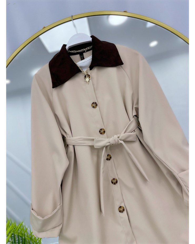 Kahverengi Süet Kemerli Mini Trençkot - Görsel 4