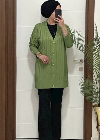 Kadın Haki Düğmeli Triko Hırka - Görsel 3