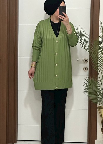 Kadın Haki Düğmeli Triko Hırka - Görsel 9