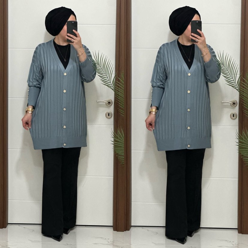 Kadın Haki Düğmeli Triko Hırka - Görsel 4