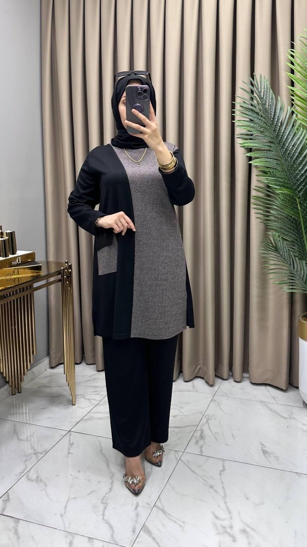 Siyah Gri Uzun Kollu Kadın Takım Elbise - Görsel 2