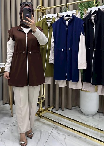 Kadın Haki Uzun Fermuarlı Kolsuz Tunik - Görsel 3