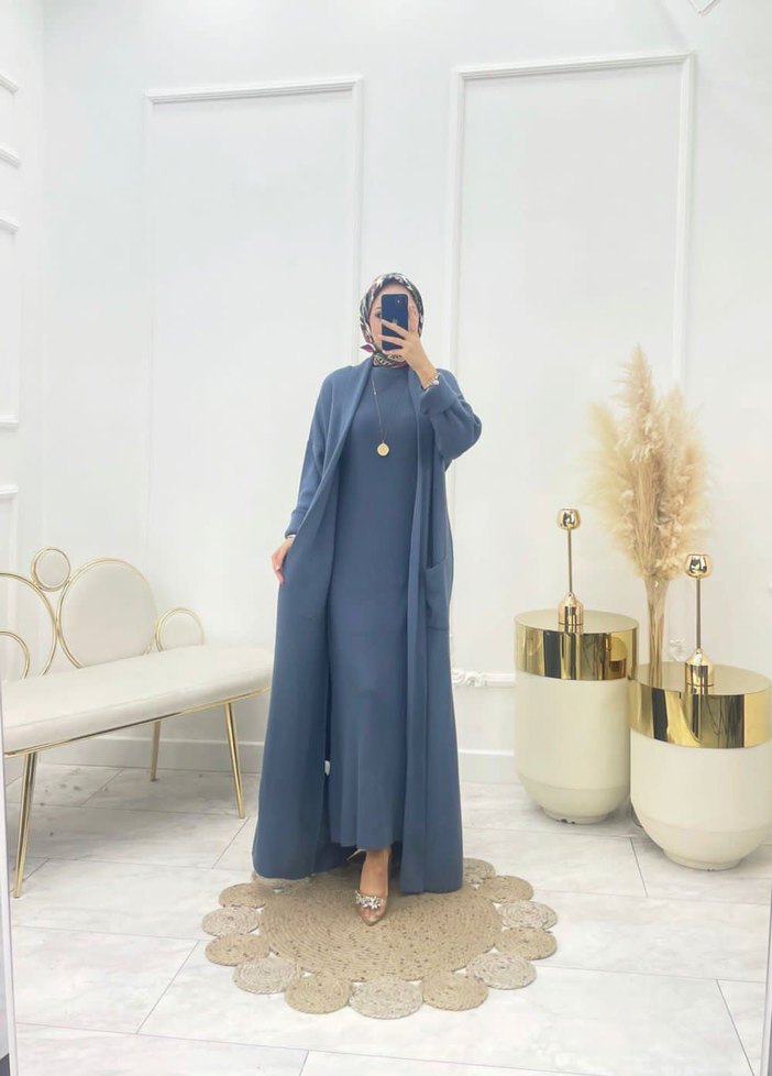 Gri Uzun Kollu Salaş Kadın Elbise - Görsel 4