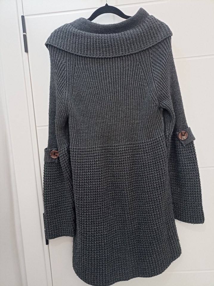 Düğmeli Gri Uzun Kadın Hırka - Görsel 2