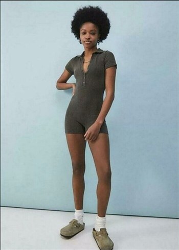 Gri Kısa Kollu Kadın Denim Tulum