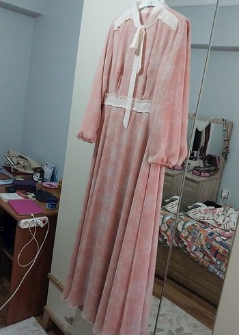 Dantel Detaylı Pembe Uzun Elbise - Görsel 8