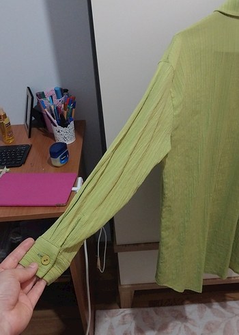 Yeşil Keten Uzun Kollu Salaş Gömlek - Görsel 8