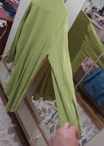 Yeşil Keten Uzun Kollu Salaş Gömlek - Görsel 9