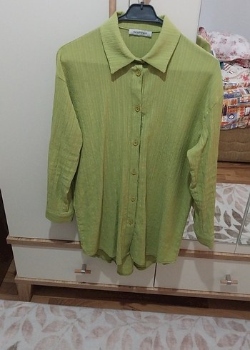 Yeşil Keten Uzun Kollu Salaş Gömlek - Görsel 10