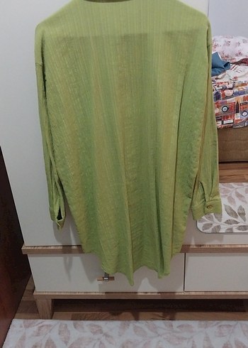 Yeşil Keten Uzun Kollu Salaş Gömlek - Görsel 7