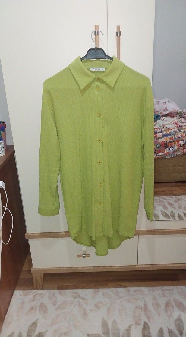 Yeşil Keten Uzun Kollu Salaş Gömlek - Görsel 3