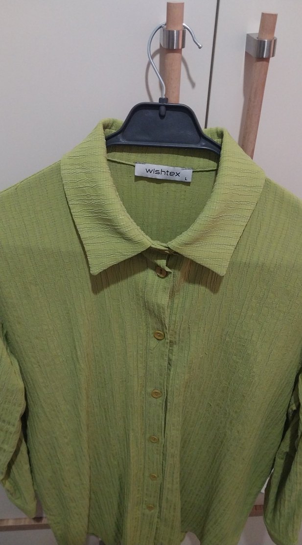 Yeşil Keten Uzun Kollu Salaş Gömlek - Görsel 4
