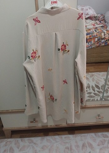 Nakışlı Beyaz Bohem Kadın Kısa Gömlek - Görsel 12