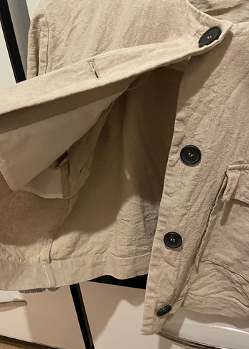 Bej Keten Mini Düğmeli Kadın Ceket - Görsel 4