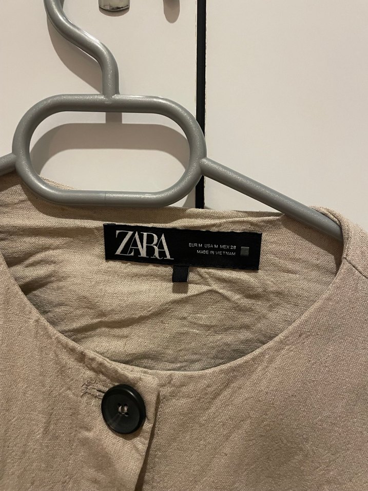 Bej Keten Mini Düğmeli Kadın Ceket - Görsel 3