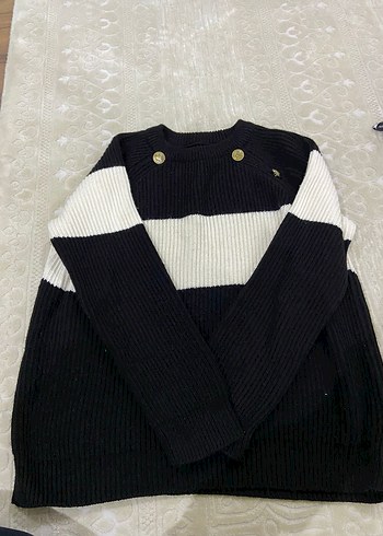 Siyah Beyaz Çizgili Örgü Kadın Kazak - Görsel 2