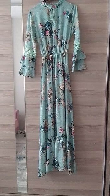 İçi astarlı şifon elbise beli lastikli 