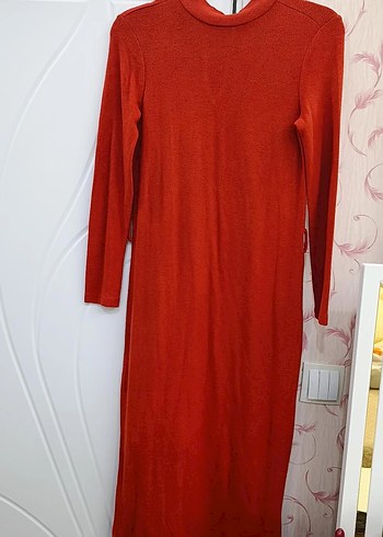 Kiremit Yüksek Yakalı Uzun Elbise - Görsel 2