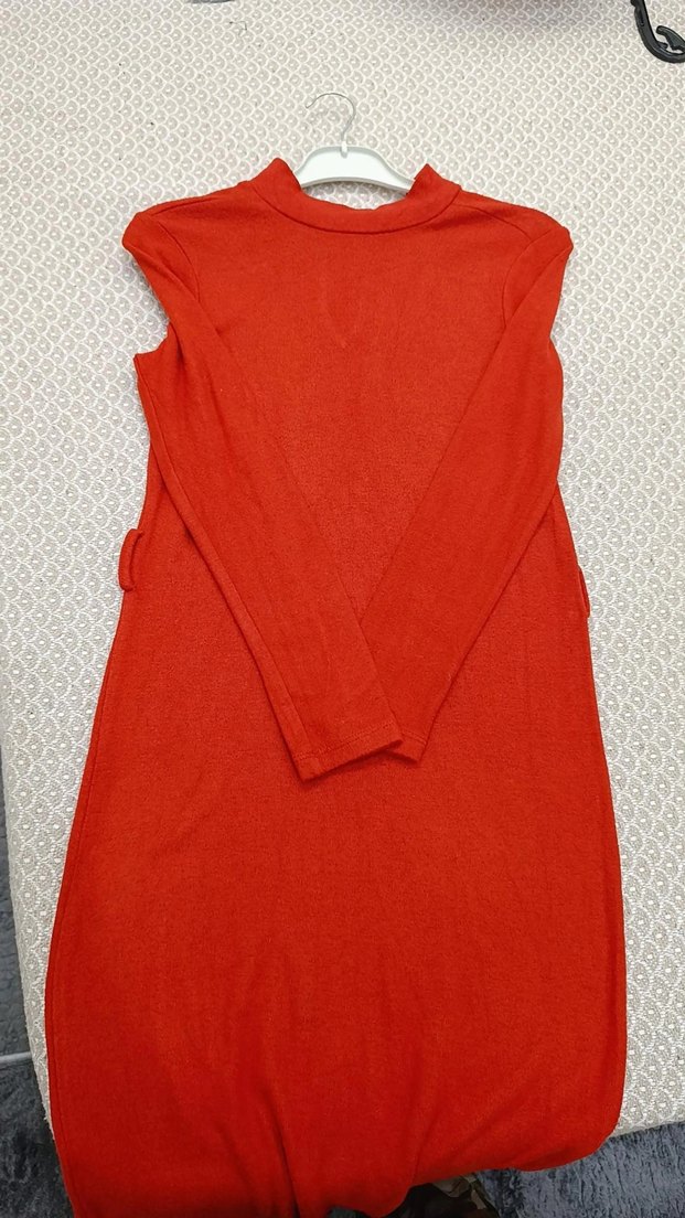 Kiremit Yüksek Yakalı Uzun Elbise - Görsel 3