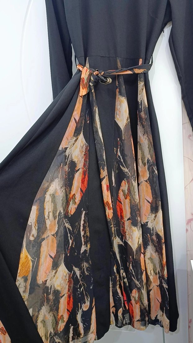 Uzun Kollu Siyah Piliseli Bohem Elbise - Görsel 4