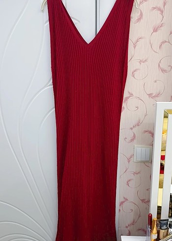 Bordo Nakışlı Uzun Triko Elbise - Görsel 3