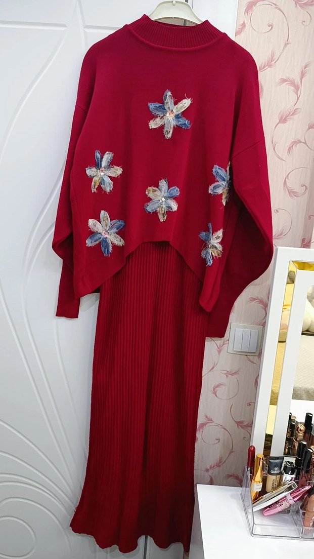 Bordo Nakışlı Uzun Triko Elbise - Görsel 2